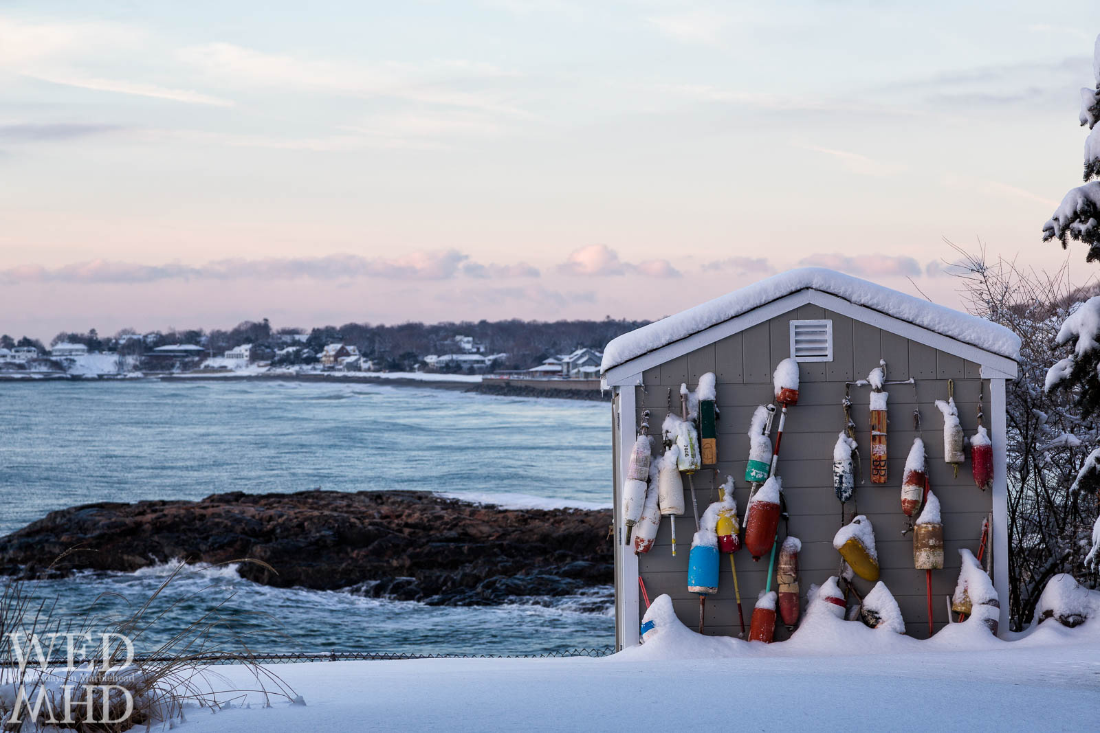 Snow Covered Buoys and the Ocean Beyond