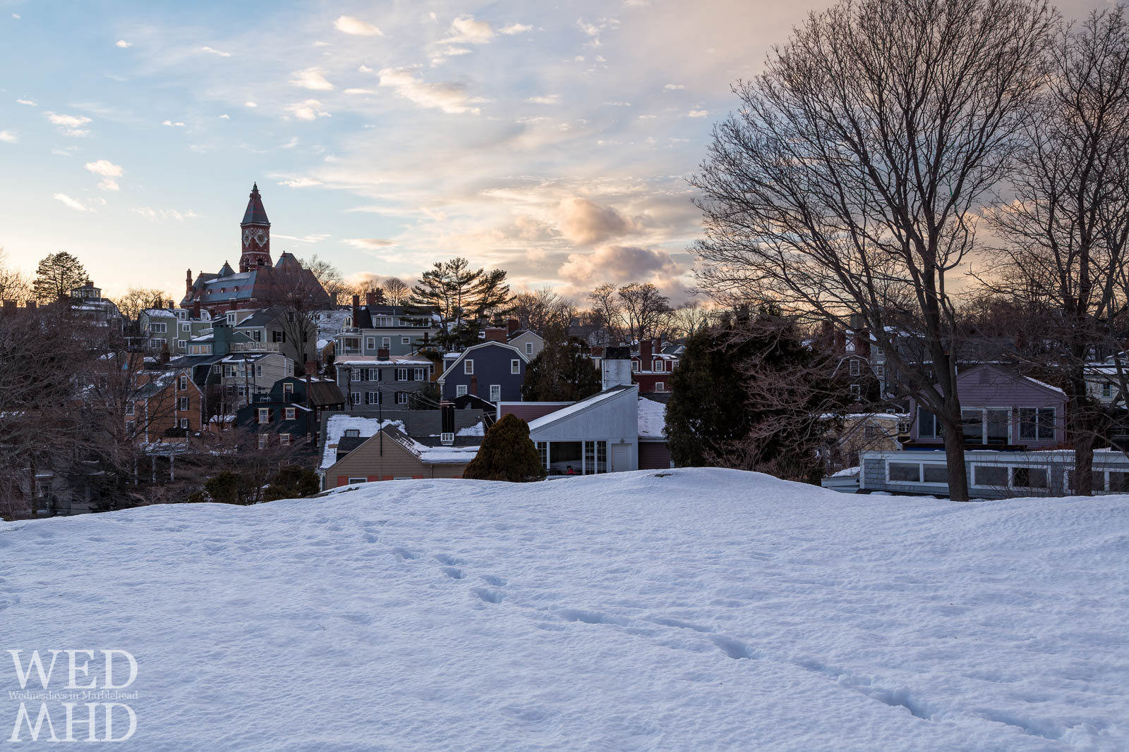footprints in snow leading to Abbot Hall