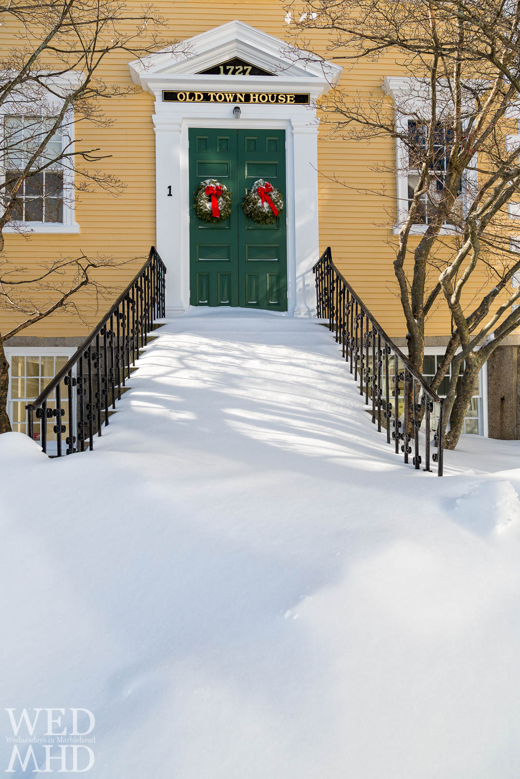 Stairs filled with snow at Old Town House