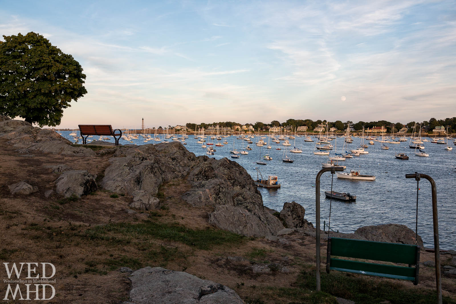 The moon rises over Marblehead Neck as seen from Crocker Park