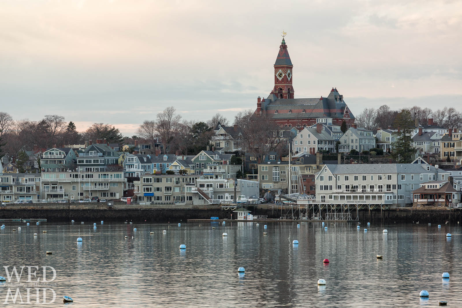 Abbot Hall, the Boston Yacht Club and waterfront homes & businesses captured on Christmas Eve in Marblehead
