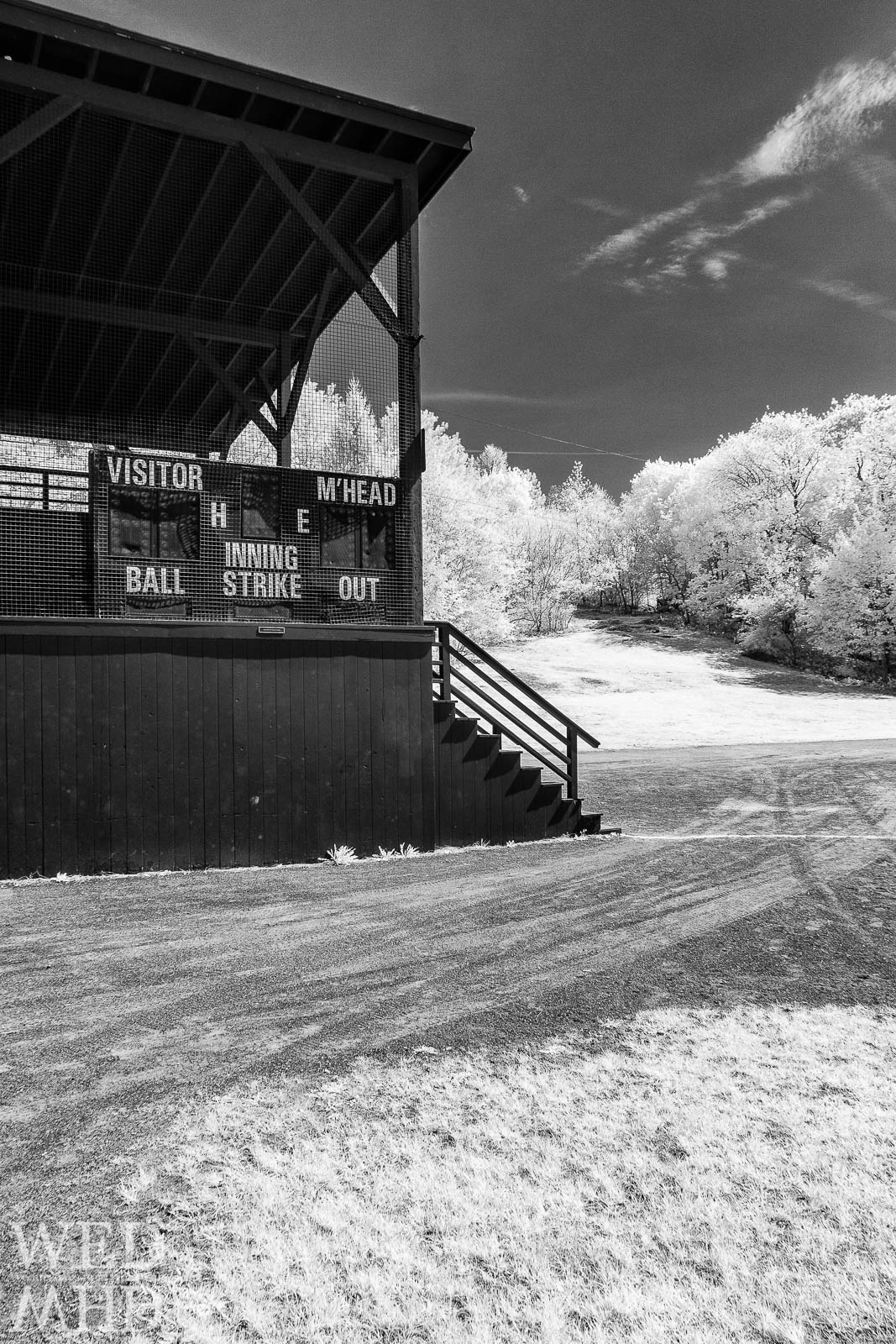 An empty scoreboard at Seaside park is captured in this infrared black and white image