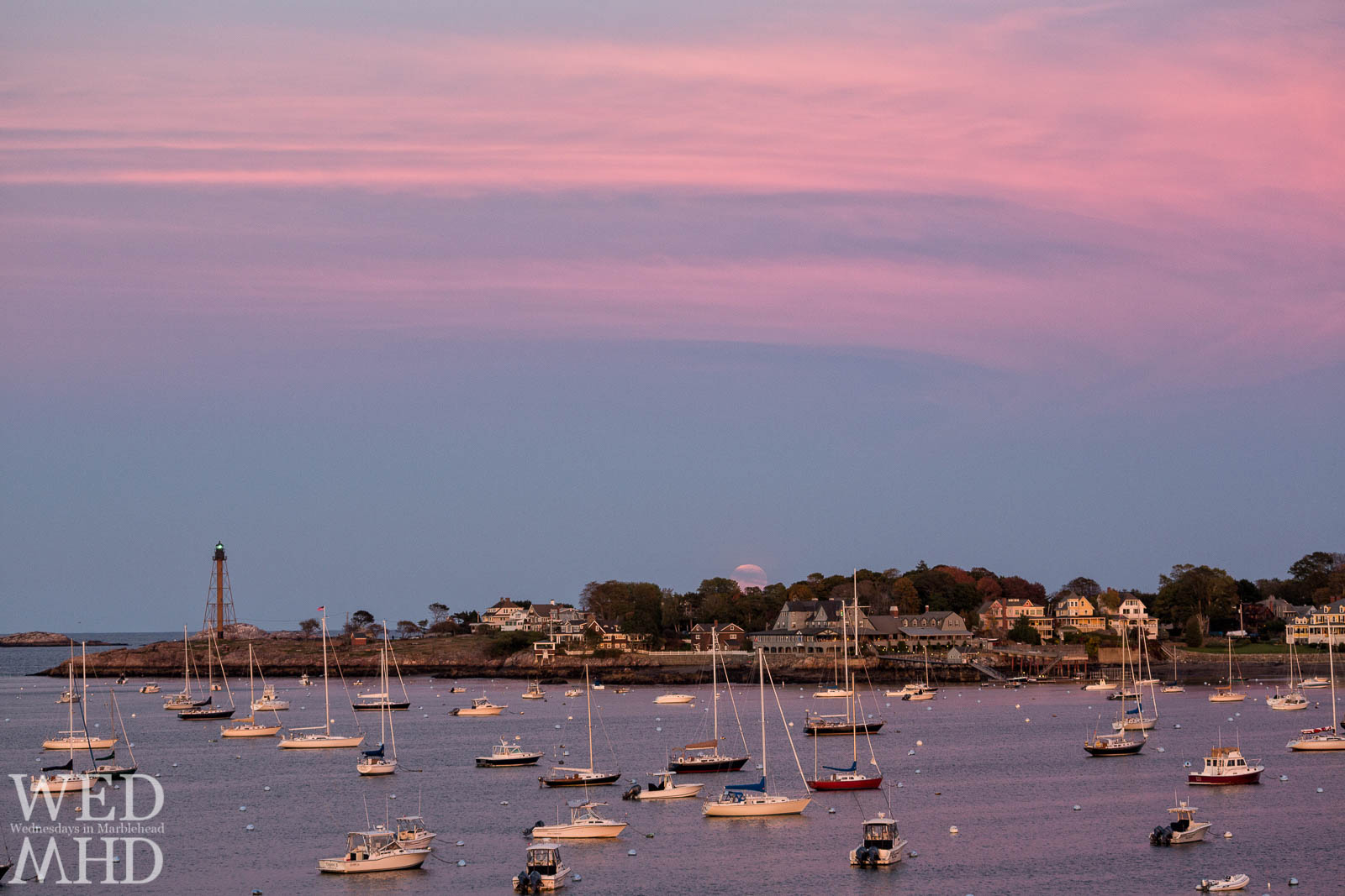 A pink sky forms as the first hint of moonrise peaks beyond the treeline on Marblehead Neck