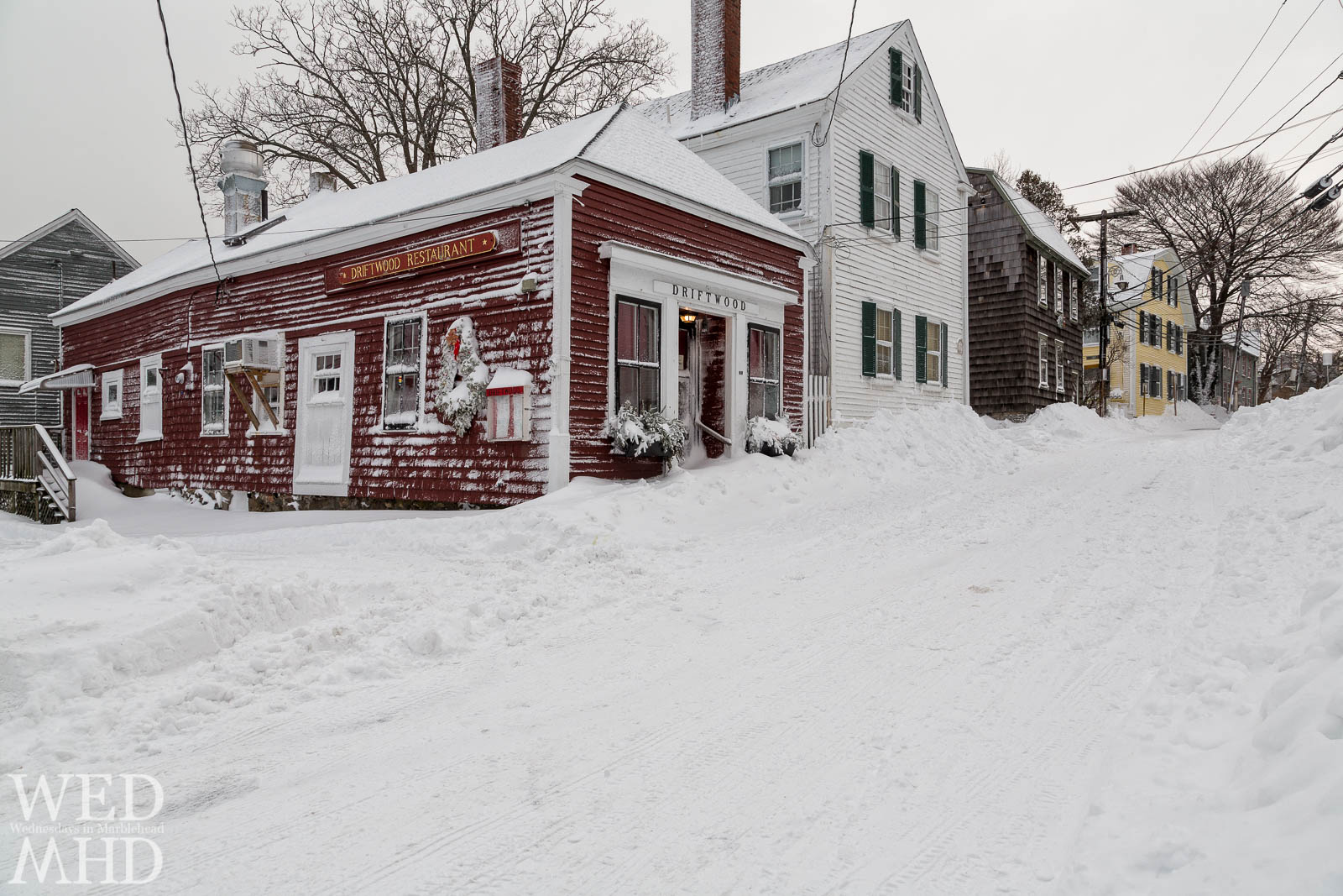 Snow covered roads in downtown Marblehead follow a February blizzard but you can still grab a breakfast after the blizzard at the Driftwood
