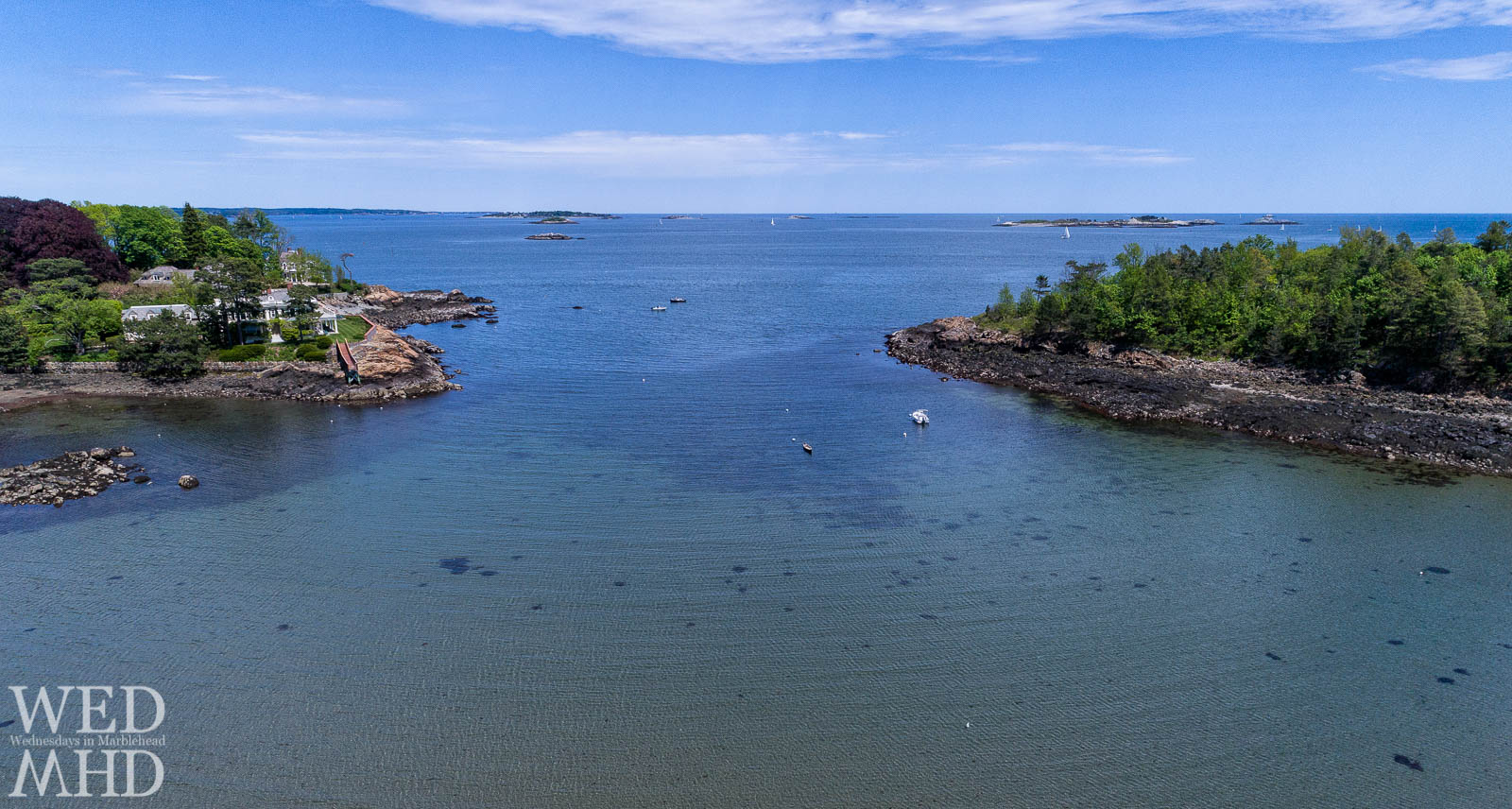 An aerial view of Doliber Cove illustrates the shallow water, Brown's Island and a uniquely shaped Dr Seuss tree