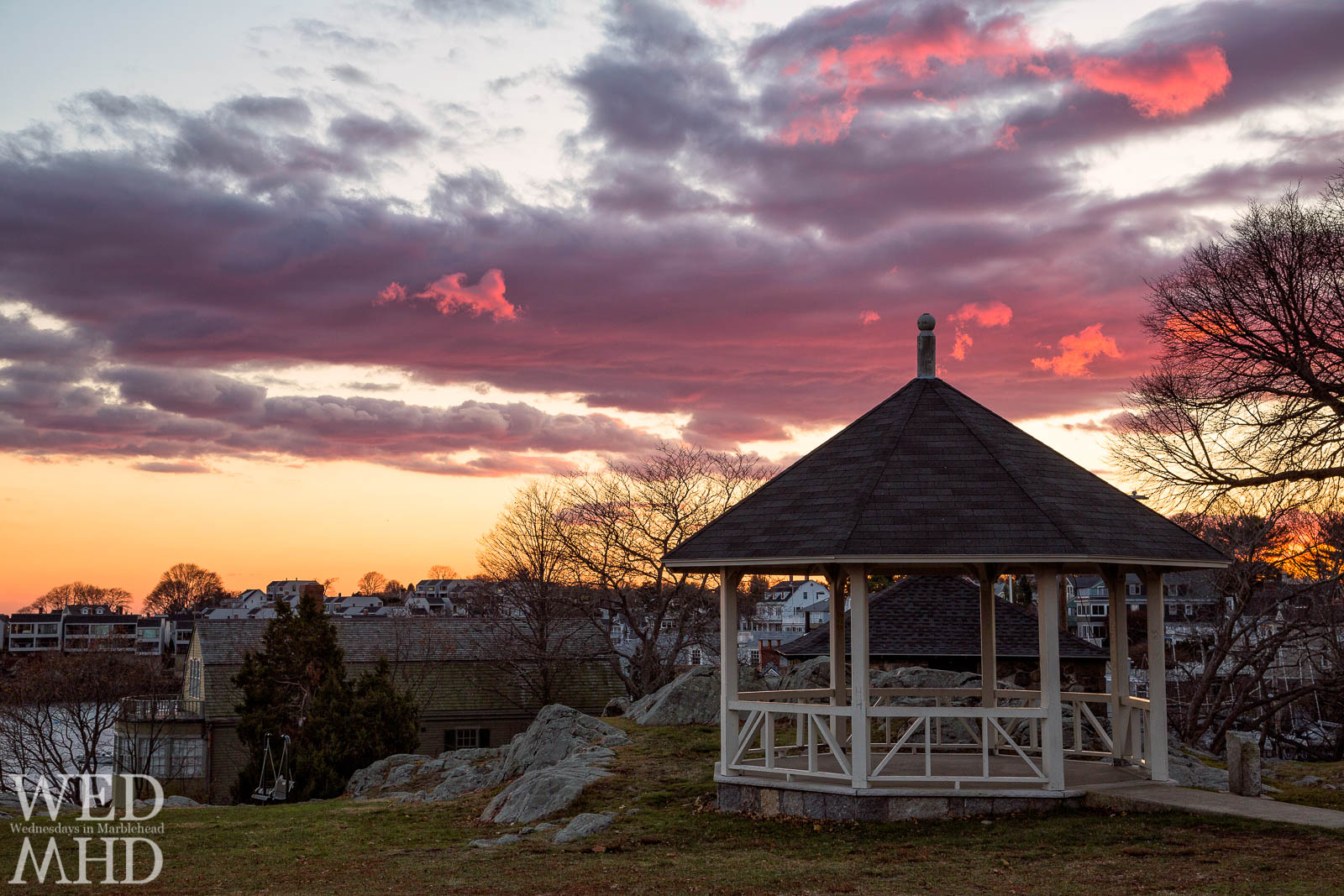 A late November image from Crocker Park focuses on the gazebo at sunset