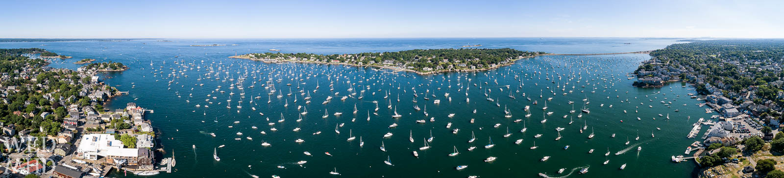 A full harbor is captured in this aerial panorama taking in the whole of Marblehead Neck on the Fourth of July