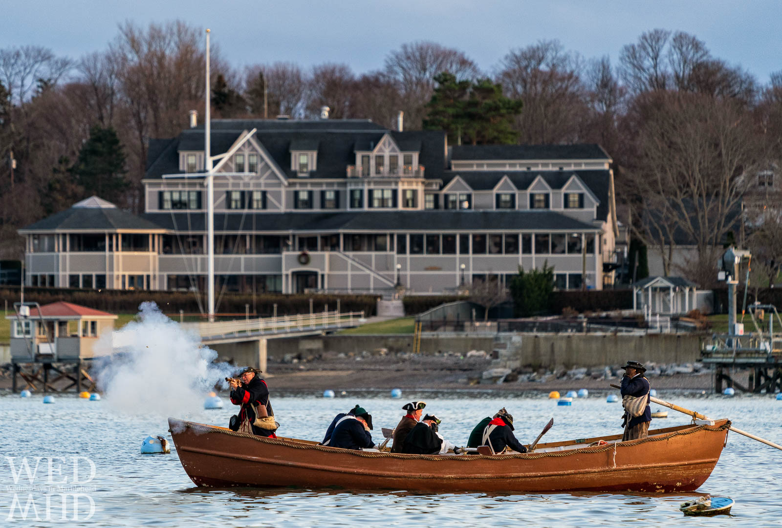 Glover's Regiment appears to become guardians of the Eastern Yacht Club as they fire during the annual Delaware crossing reenactment