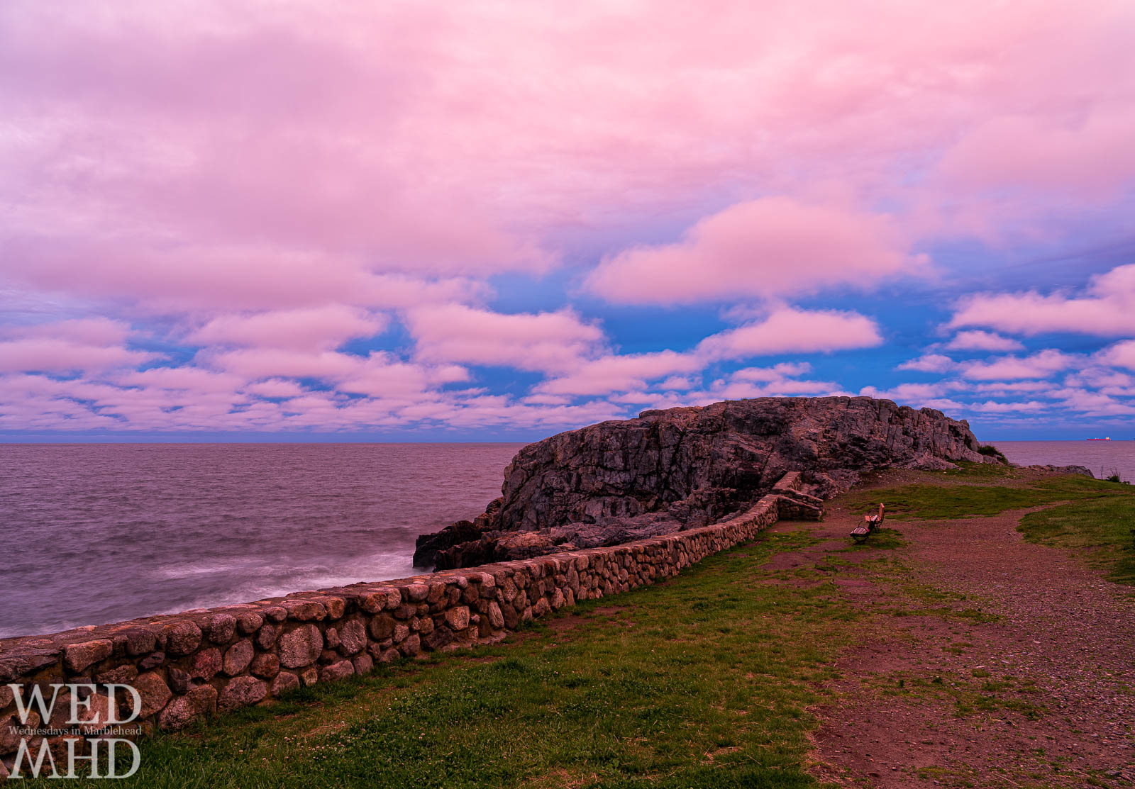 The sky turned bring pink-purple and bathed Castle Rock in crazy light on a late May evening in Marblehead
