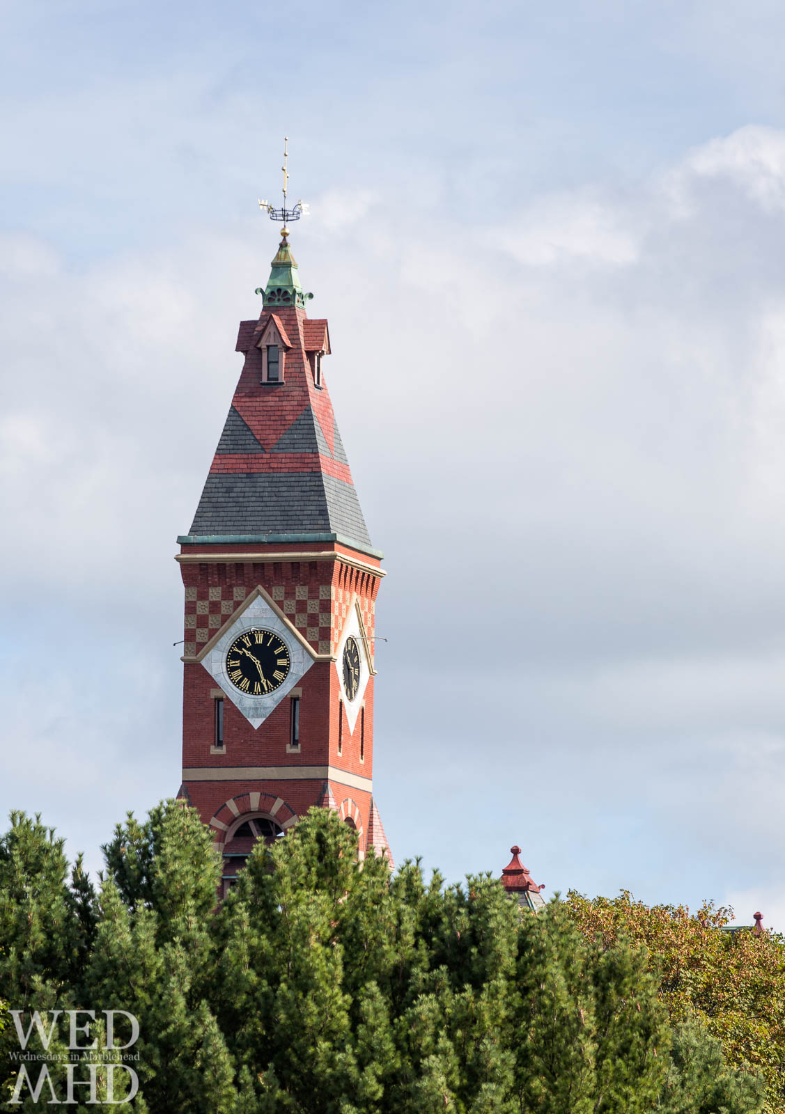 Abbot Hall pokes out over a canopy of trees on a late September afternoon in Marblehead