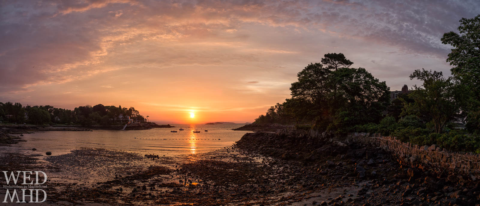 Doliber Cove and Grace Oliver Beach are captured at sunrise in this panoramic view encompassing Peaches Point and Brown's Island