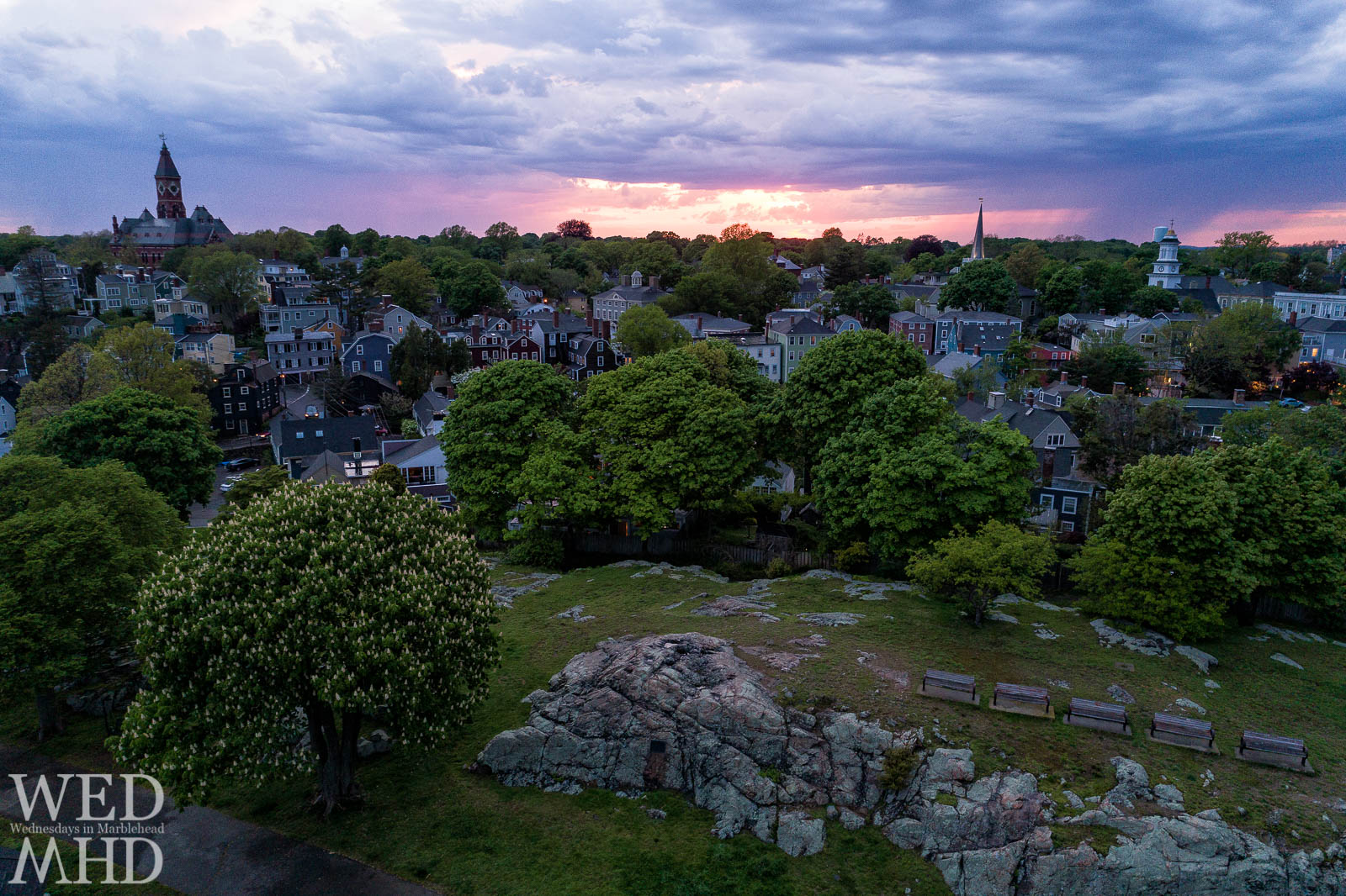 An aerial view of Abbot Hall and downtown Marblehead captured while flying over Crocker Park wtih a drone