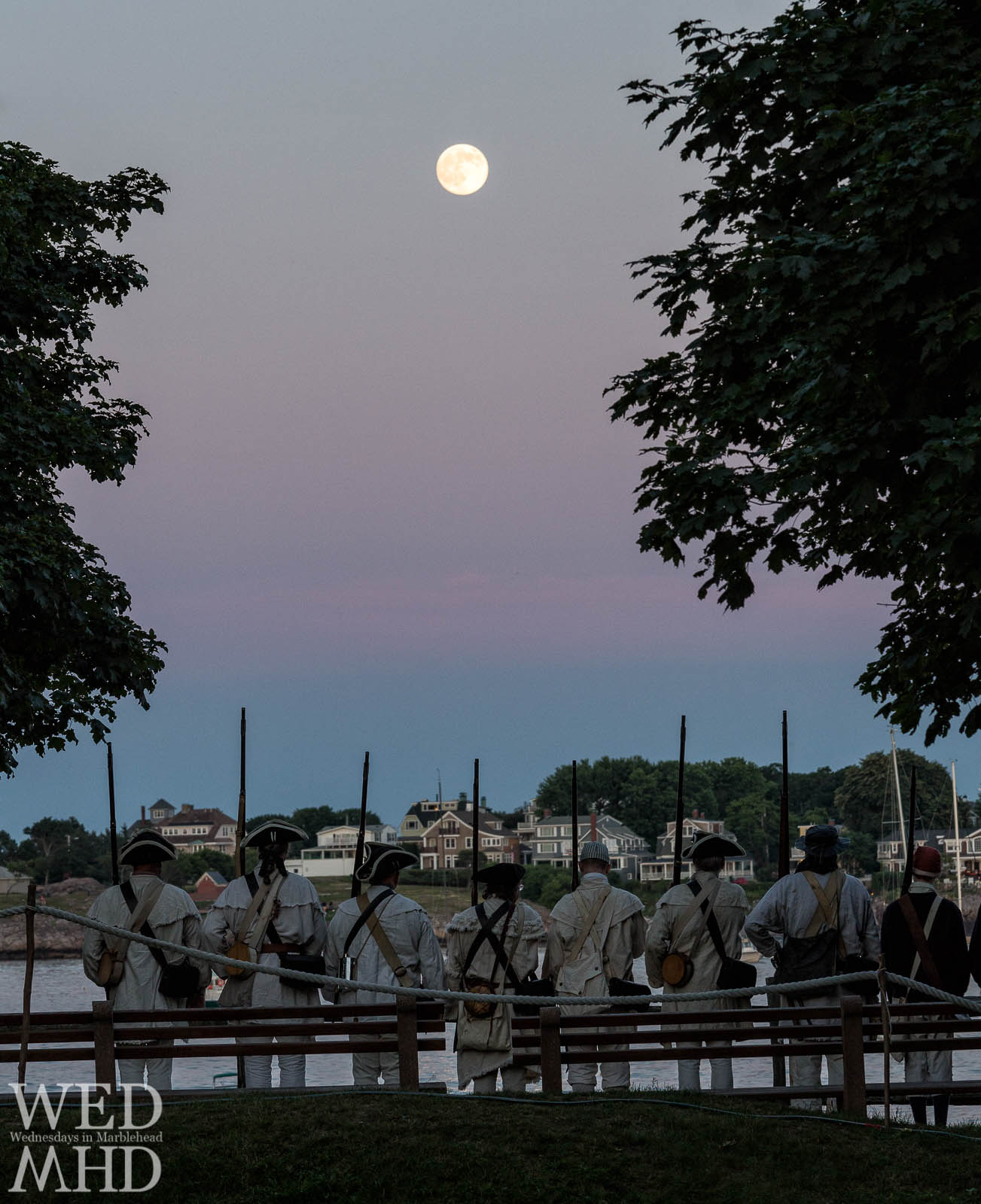 Glover's Regiment stands at attention at Fort Sewall under the light of a full moon